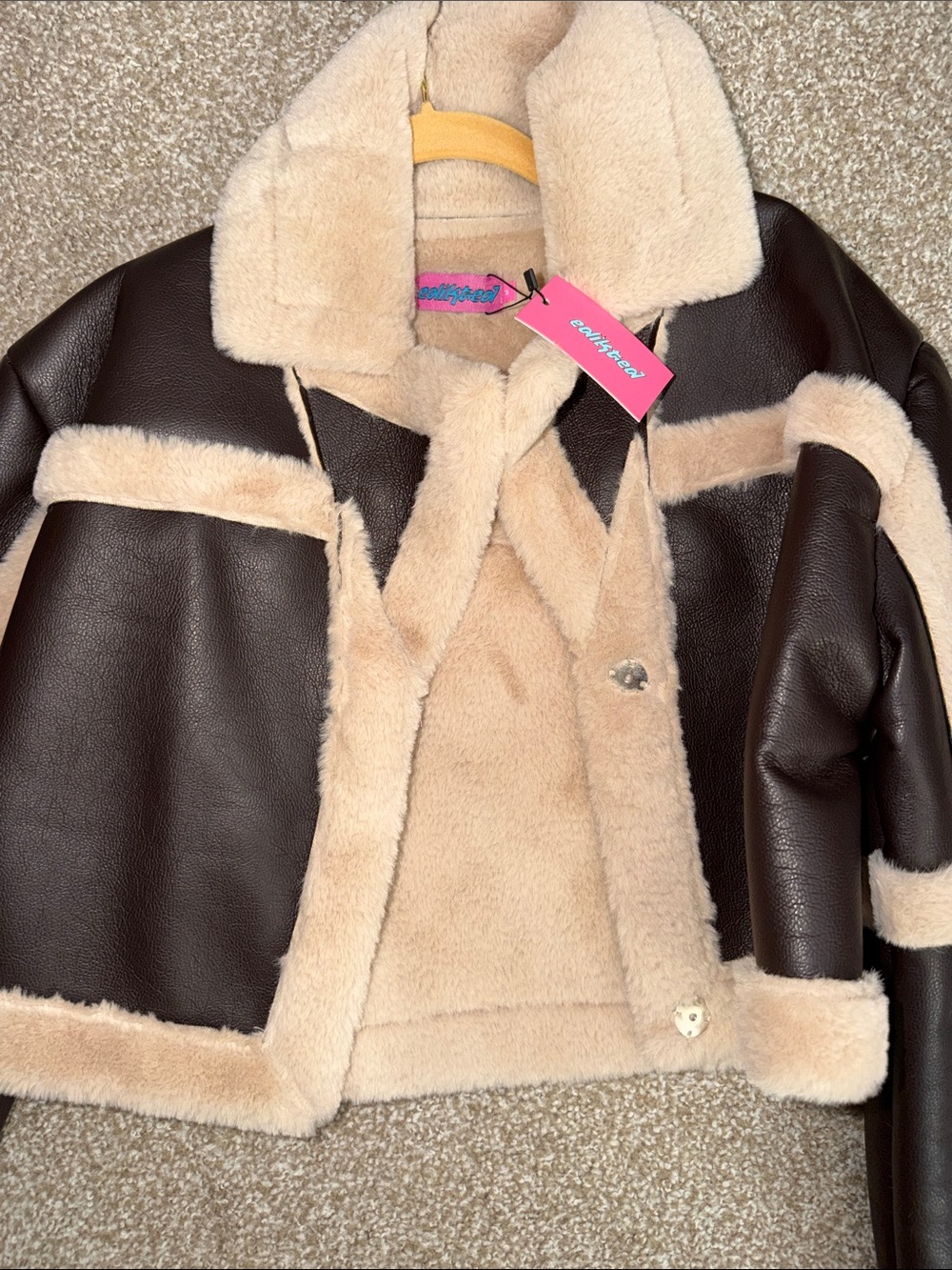 Faux Shearling Aviator Jacket - Brown & Cream